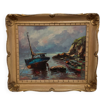 Oil on canvas fishing boats 1950 by Y. Morin