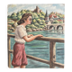Vintage European Village & River Oil Painting