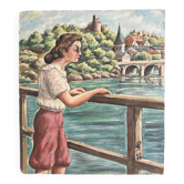 Vintage European Village & River Oil Painting