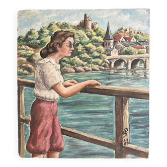 Peinture à l'huile vintage représentant un village et une rivière européens