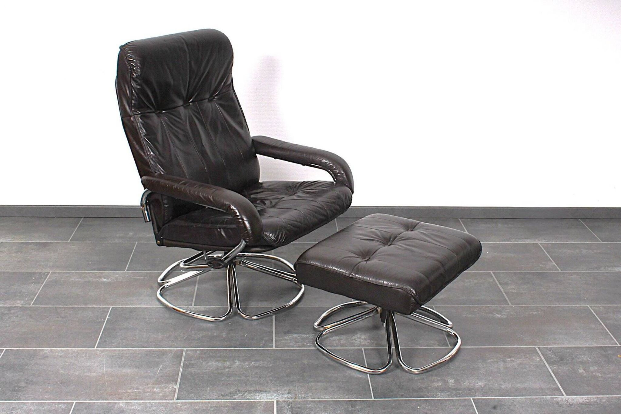 Unico 1970s Dark Brown Leather Lounge Chair and Ottoman Set of 2