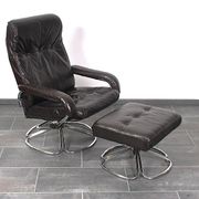 Unico 1970s Dark Brown Leather Lounge Chair and Ottoman Set of 2