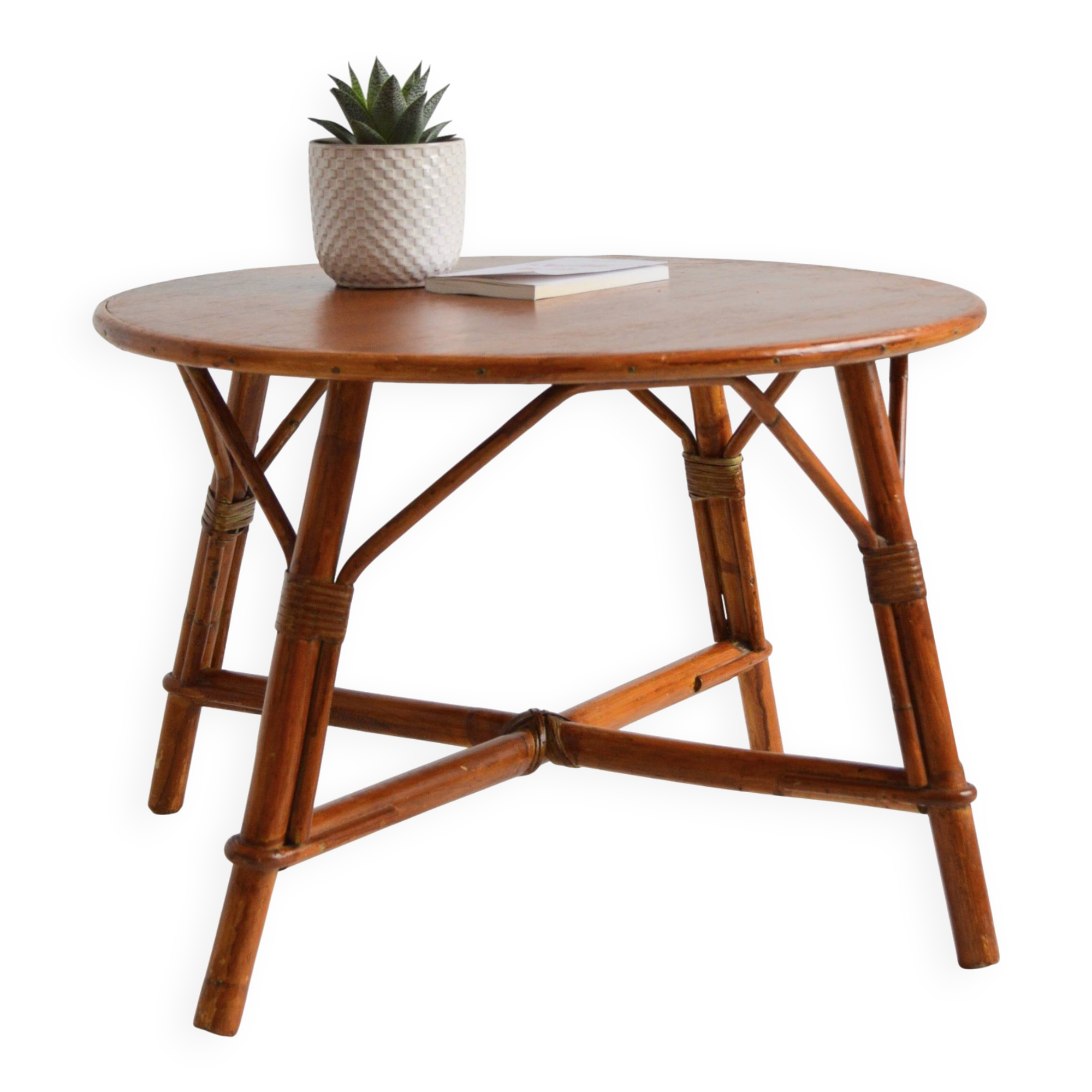 Vintage 1960s round wood and rattan coffee table