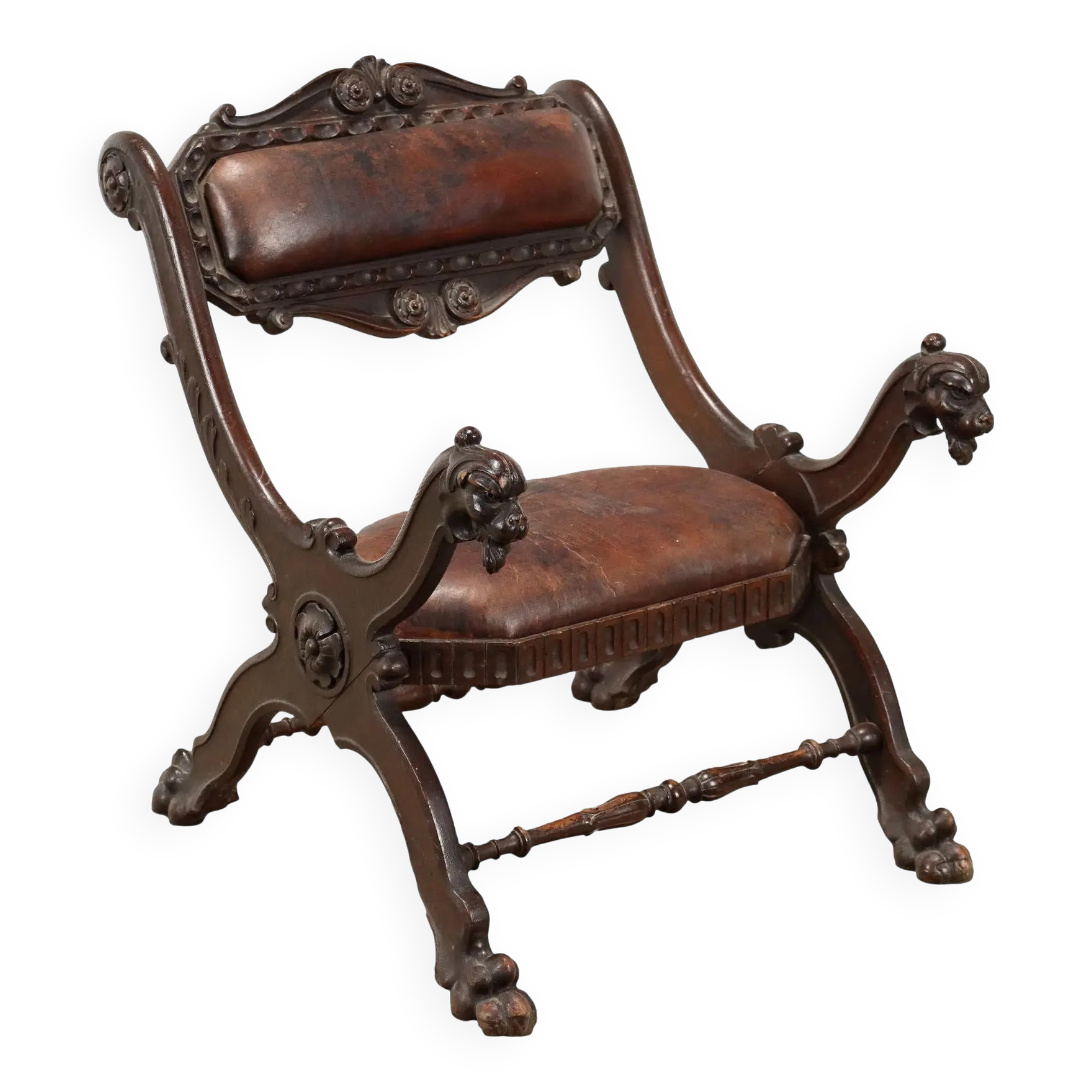 Antique neo-Renaissance chair in wood and leather, 20th century