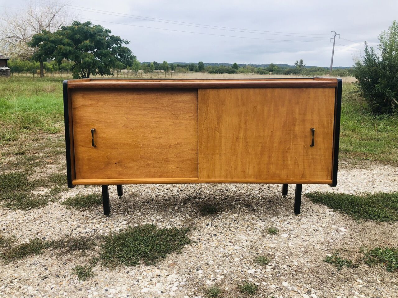 Small vintage row with sliding doors, metal legs Circa 50's