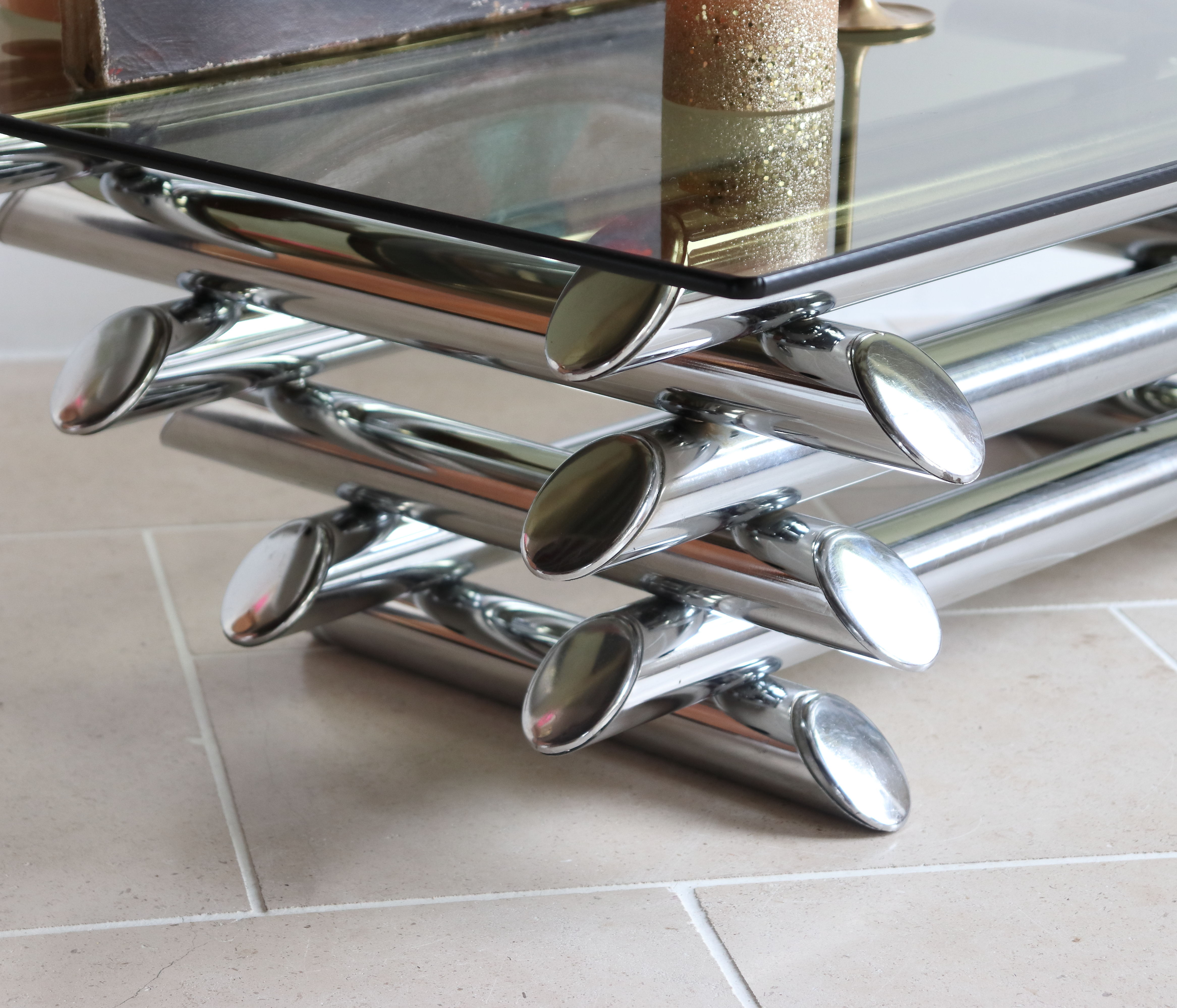 Coffee table in smoked glass and chrome tubular metal, 70s