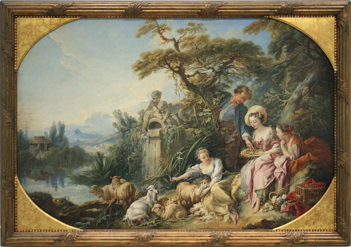 Wall tapestry featuring a pastoral scene.