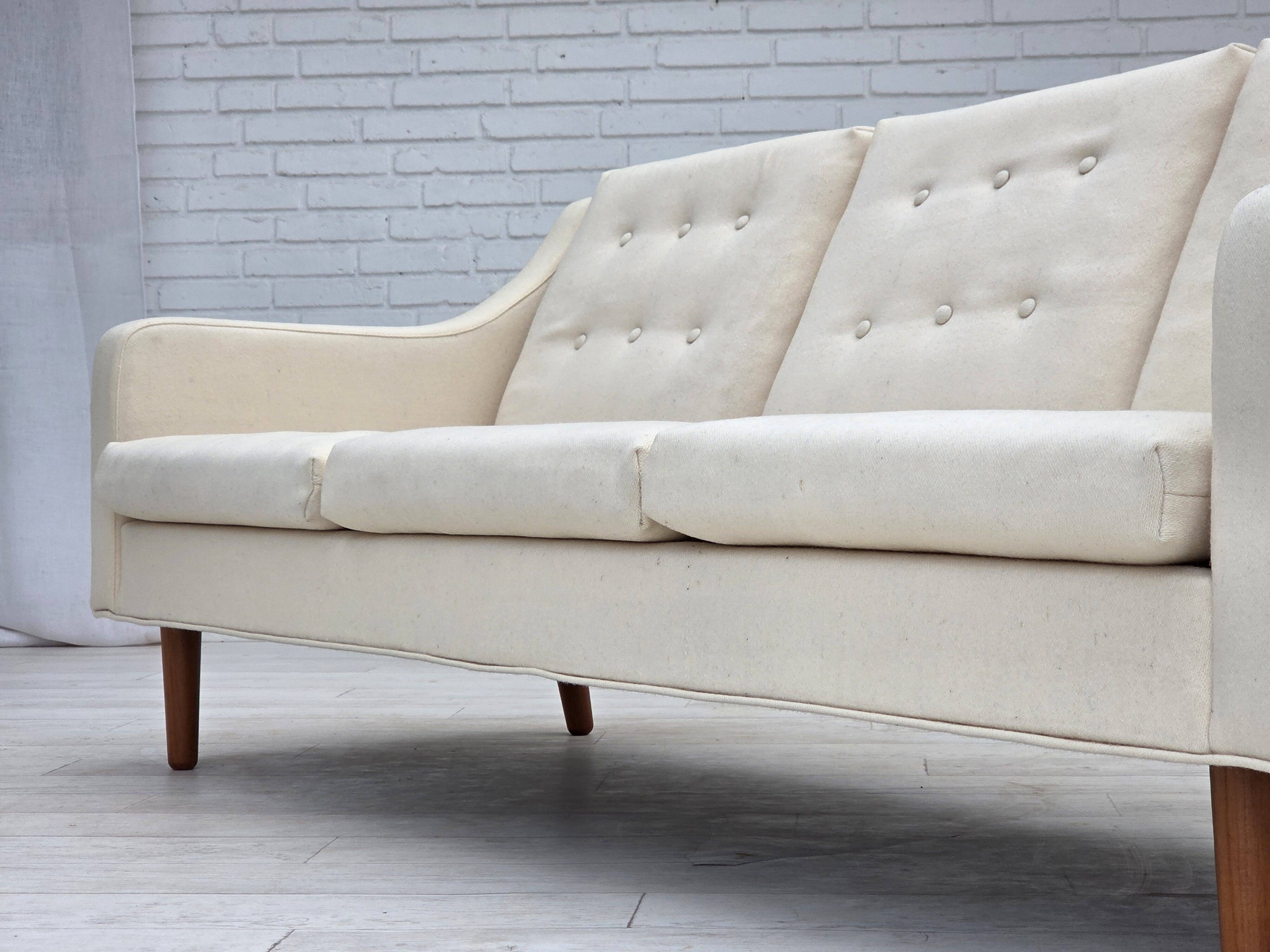 1970s, 3-seater Danish sofa, beige/white furniture wool, teak wood legs.