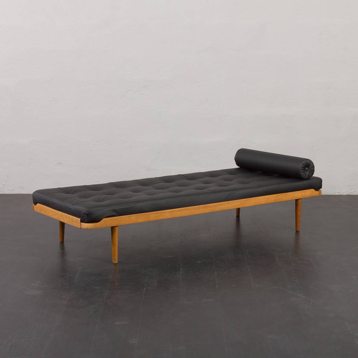 Danish mid century solid oak daybed in black leather, 1960s