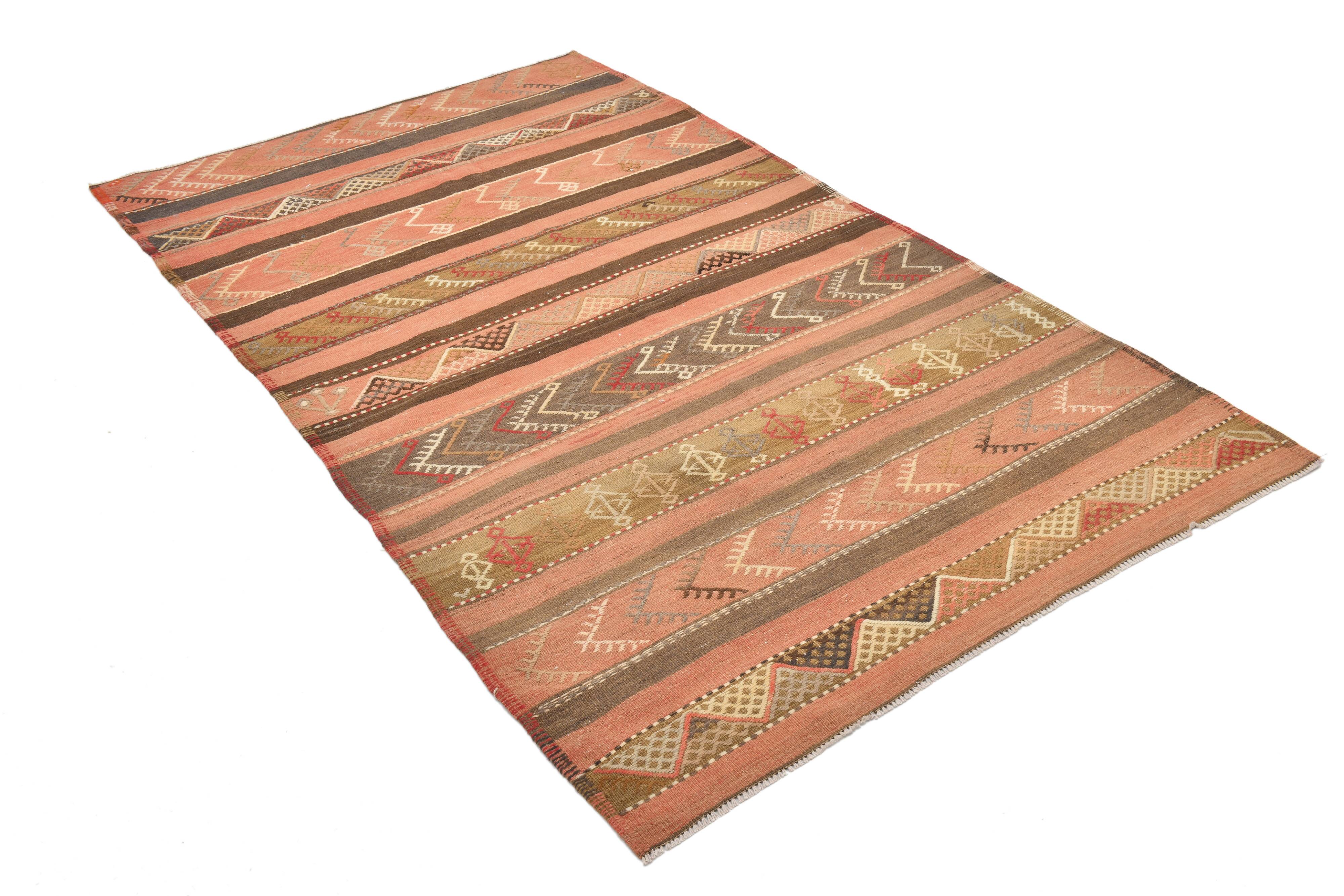 4x7 Red & Brown Vintage Kilim Rug, 123x205Cm