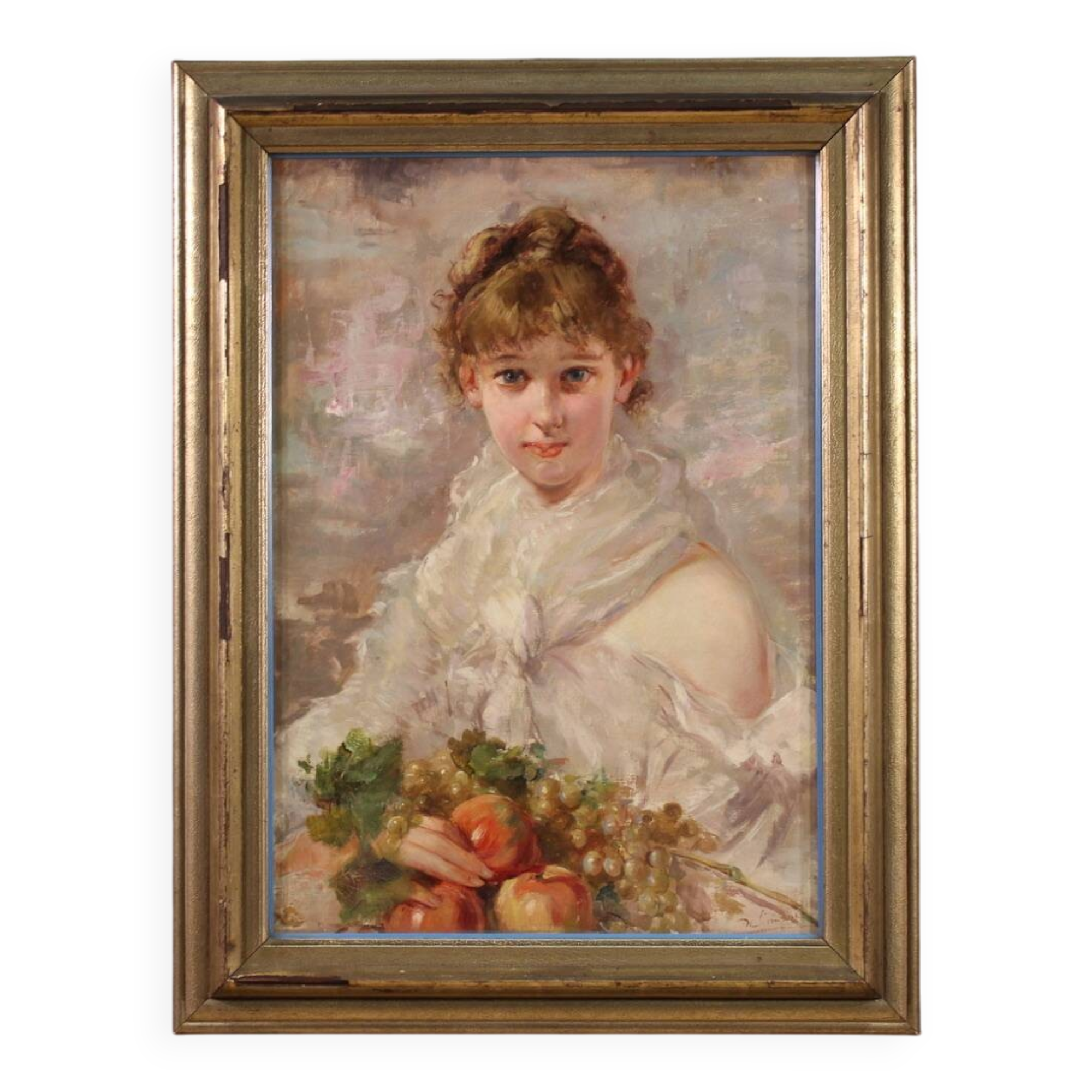 Signed Italian painting portrait of a young girl from the 20th century