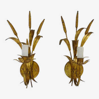 Pair of vintage wall sconces ears of golden wheat with gold leaf, 70/80s