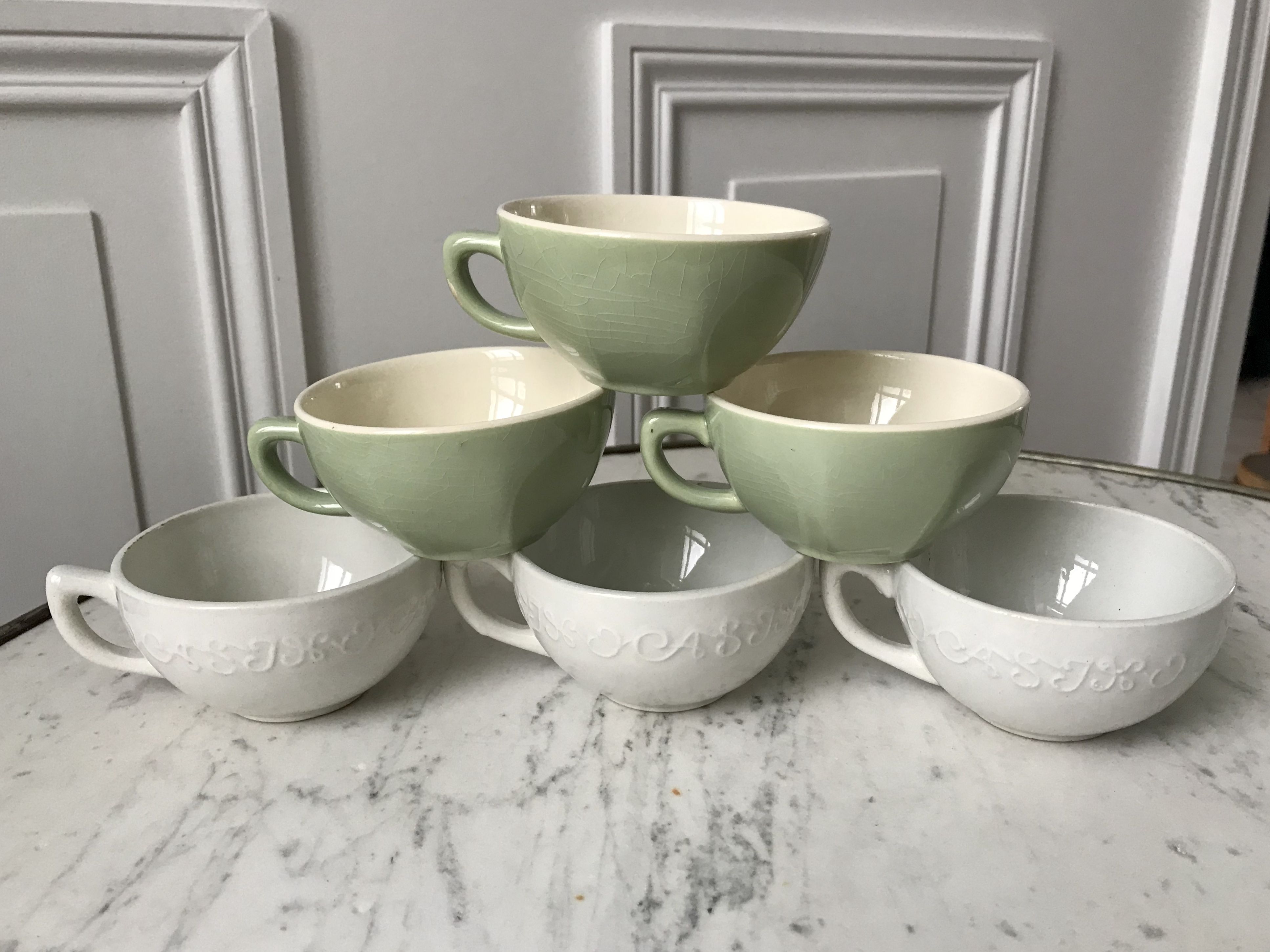 Set of 6 coffee cups Digoin letters and Villeroy & Boch green sage 50s-60s