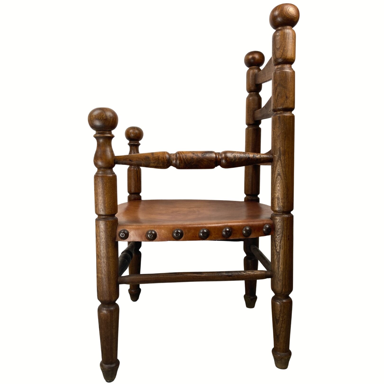 Rustic french farm chair, leather seat ca 1930s-1950s