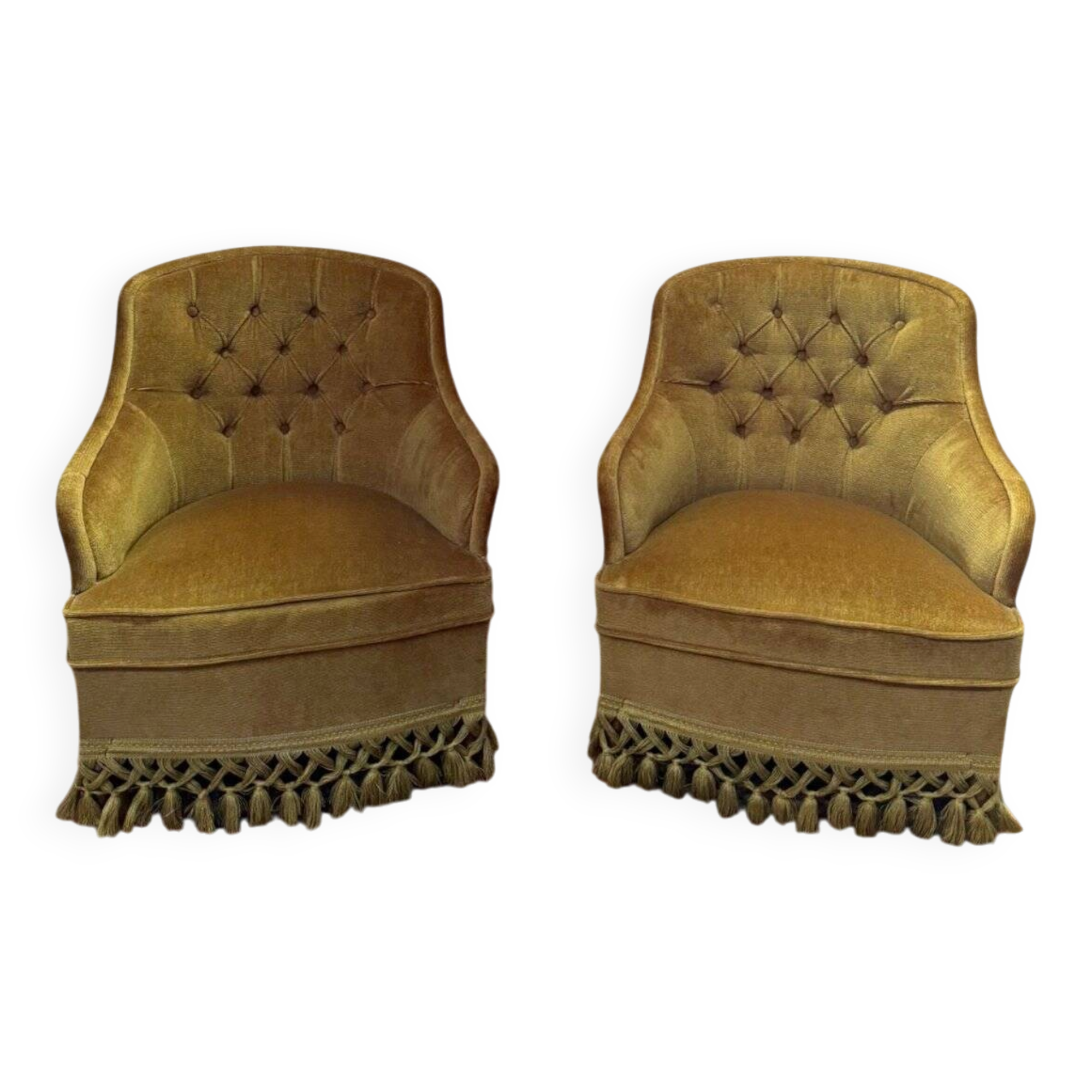 Pair of Napoleon III crapaud armchairs in mustard yellow velvet.