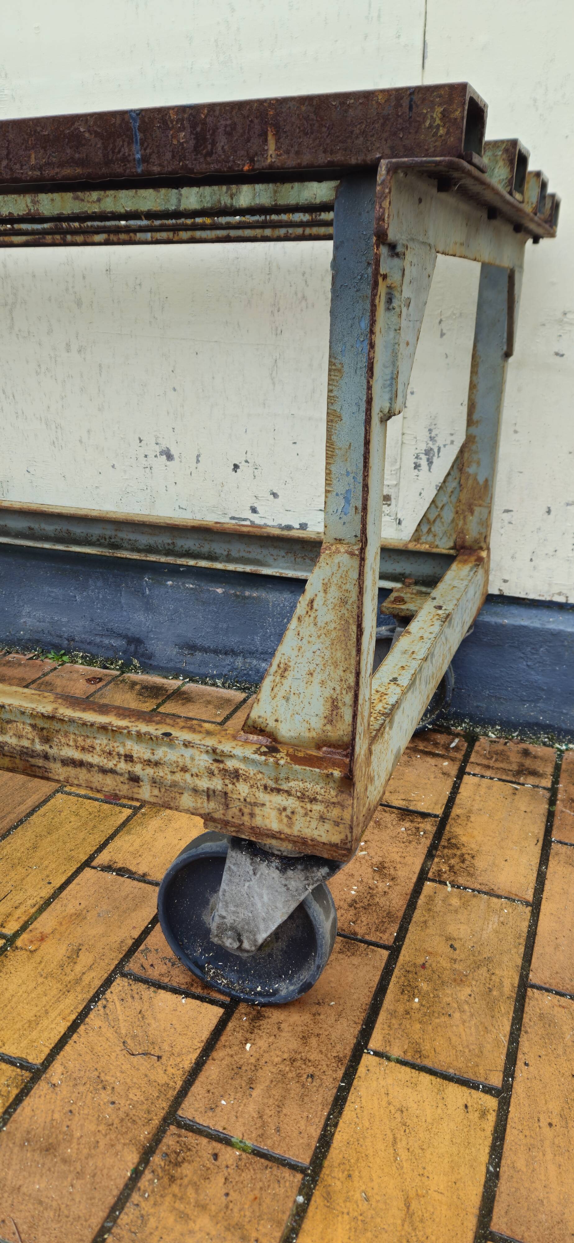 Metal industrial table on wheels, mid-20th century
