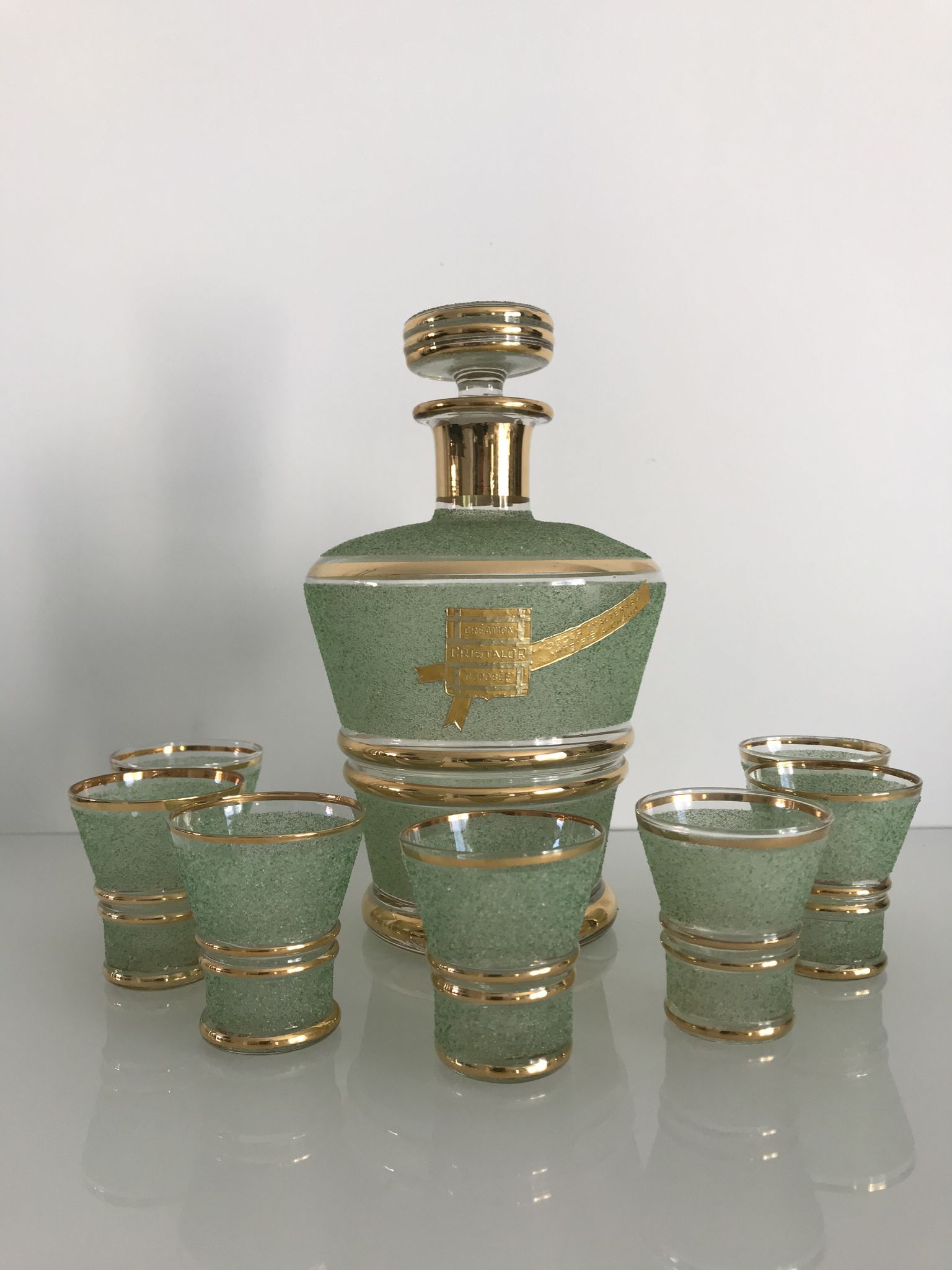 Cristalor liqueur set: decanter and 7 glasses