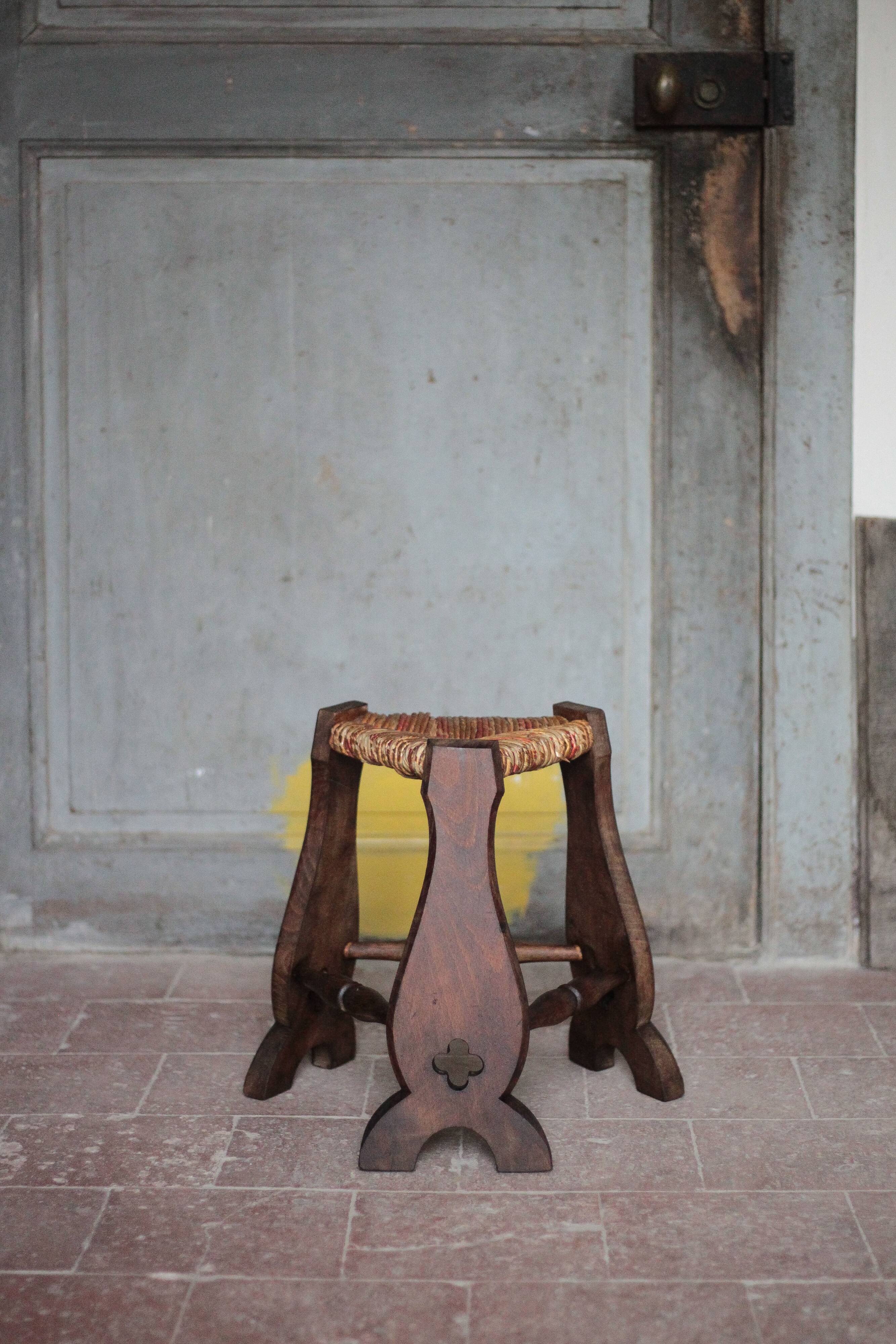 Wood and rush tripod stool, vintage stool, Gothic style stool