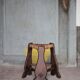 Wood and rush tripod stool, vintage stool, Gothic style stool