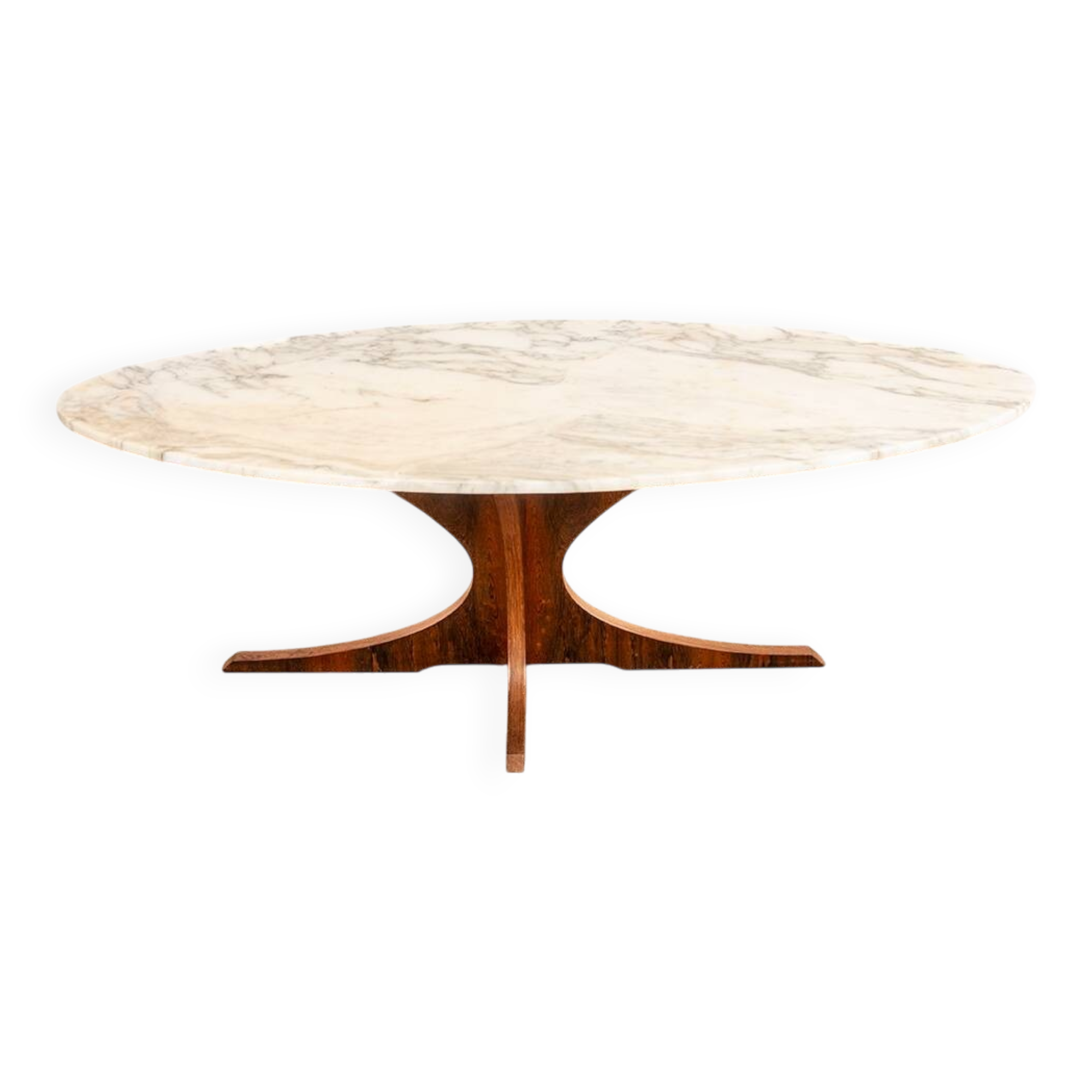 Oval coffee table in Carrara marble and rosewood, Hugues Poignant 1960