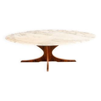 Oval coffee table in Carrara marble and rosewood, Hugues Poignant 1960