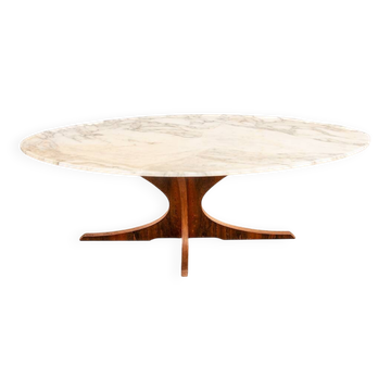 Oval coffee table in Carrara marble and rosewood, Hugues Poignant 1960