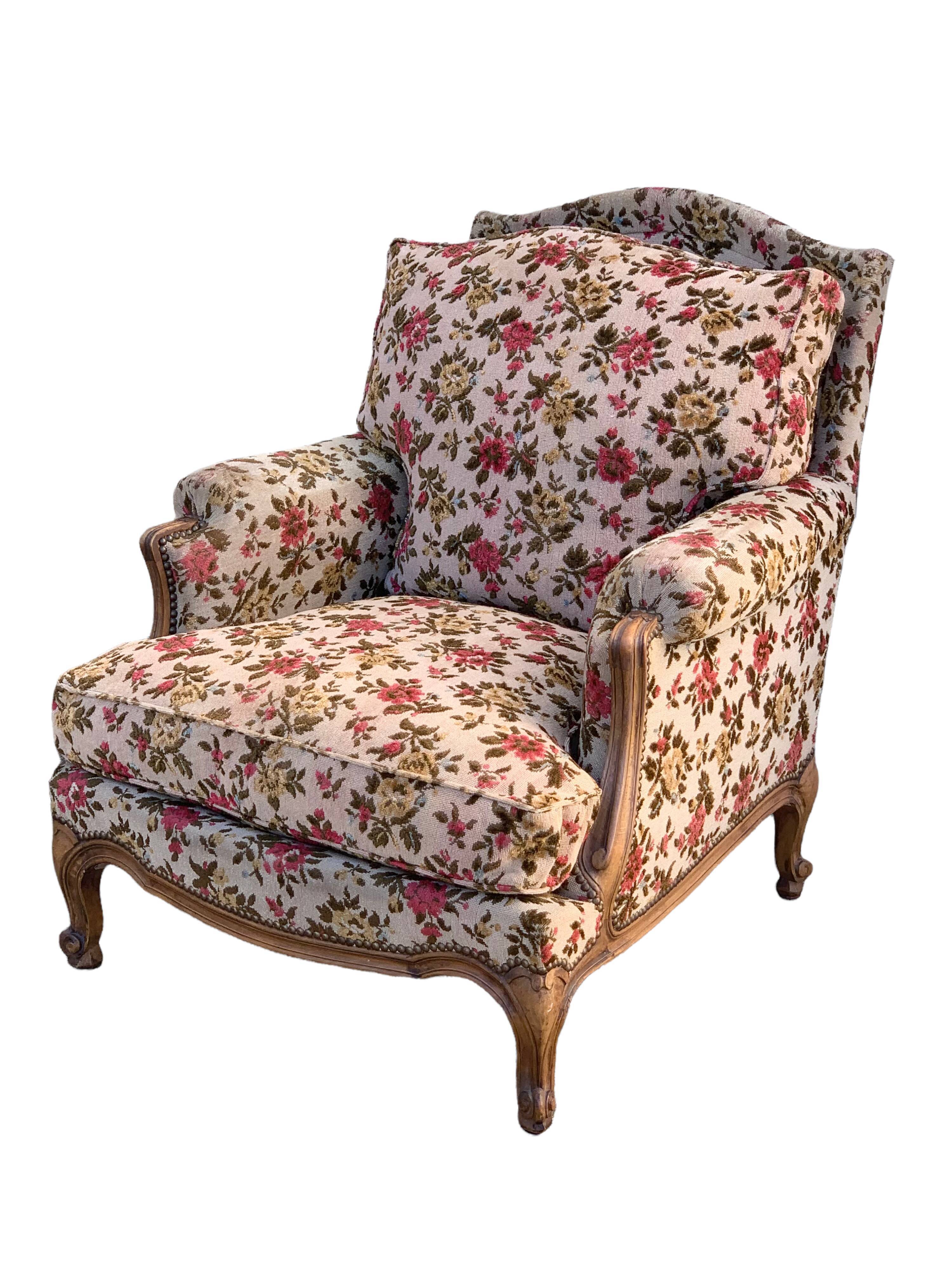Antique Louis XV style shepherdess armchair in floral flocked fabric