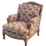 Antique Louis XV style shepherdess armchair in floral flocked fabric