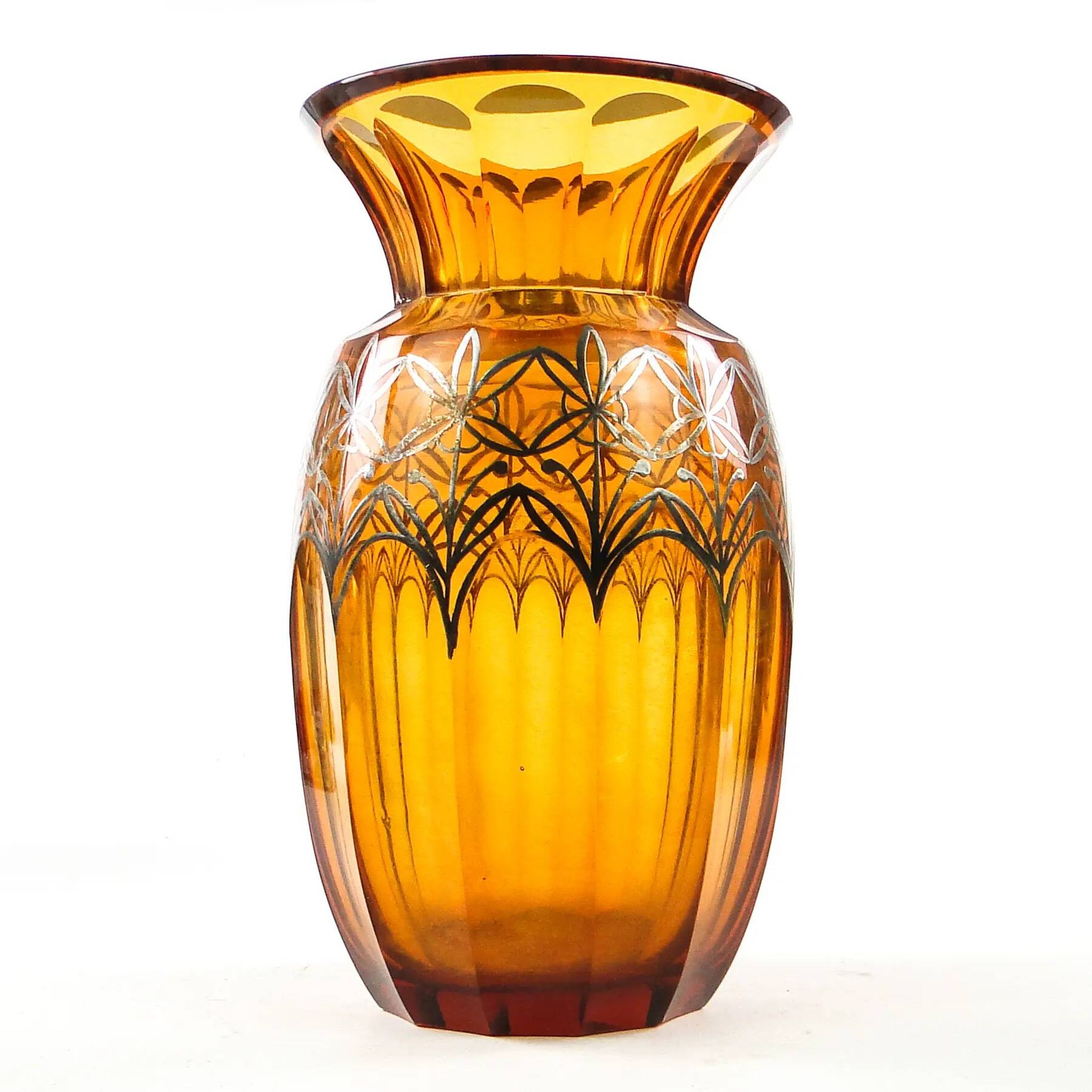 Art déco vase, honey crystal, galvanic coating, Poland, 1930s