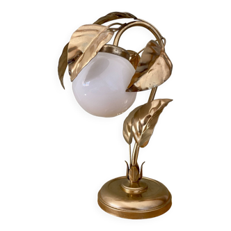 Vintage lamp with golden leaves and white opaline globe