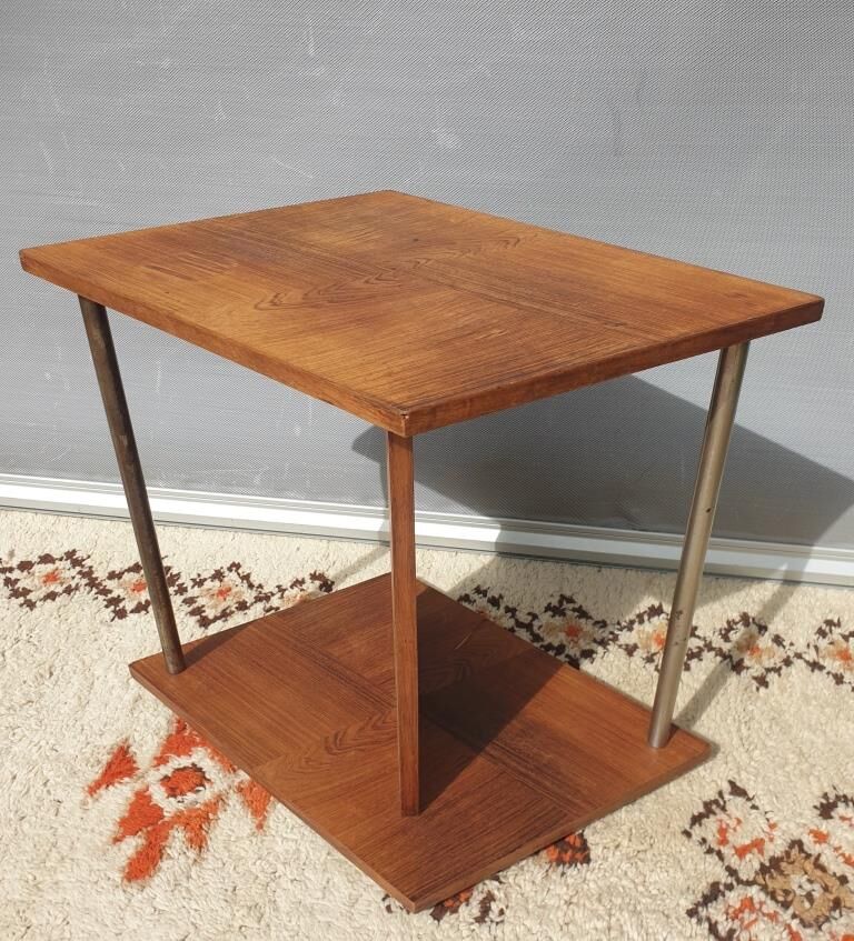 Modernist side table Art Deco Walnut and chromed steel