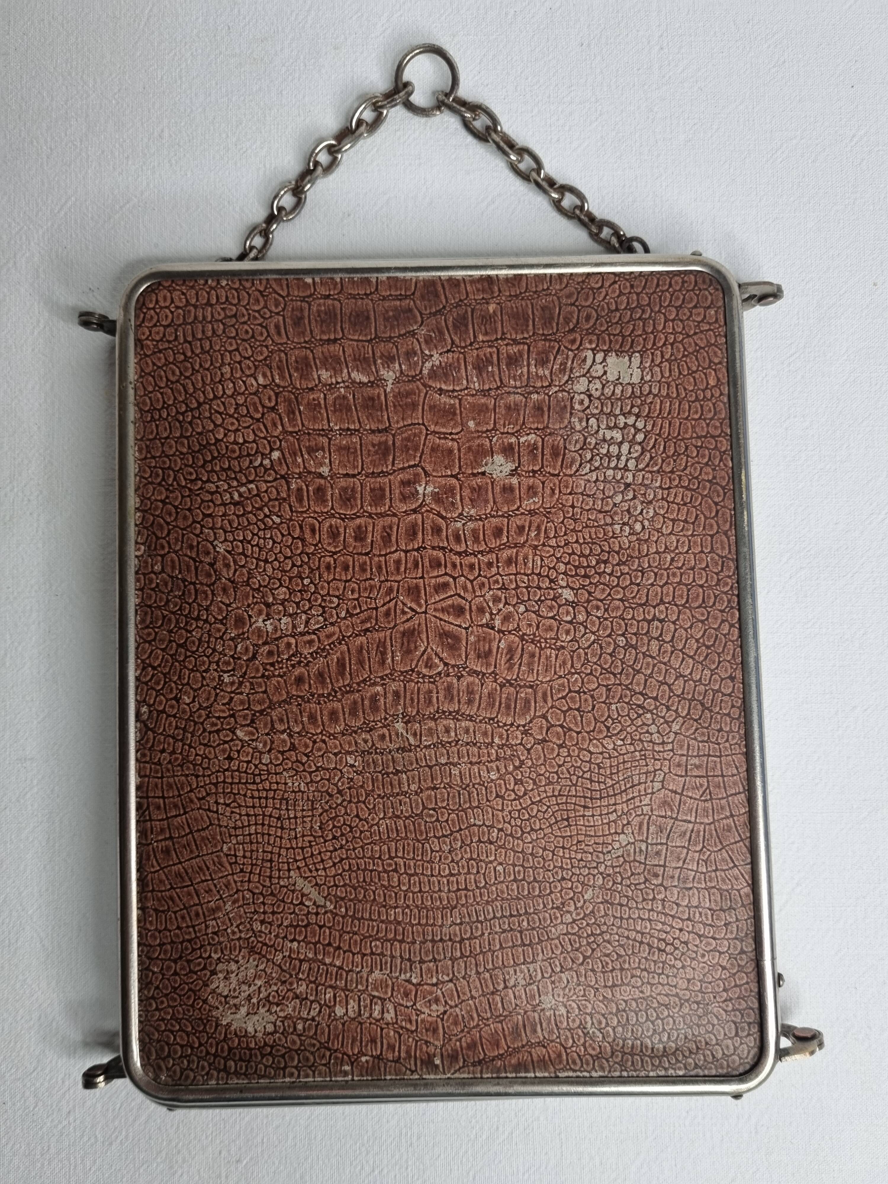 Antique triptych barber's mirror, metal frame and imitation leather back, 1930