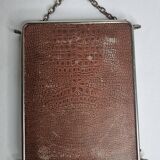 Antique triptych barber's mirror, metal frame and imitation leather back, 1930
