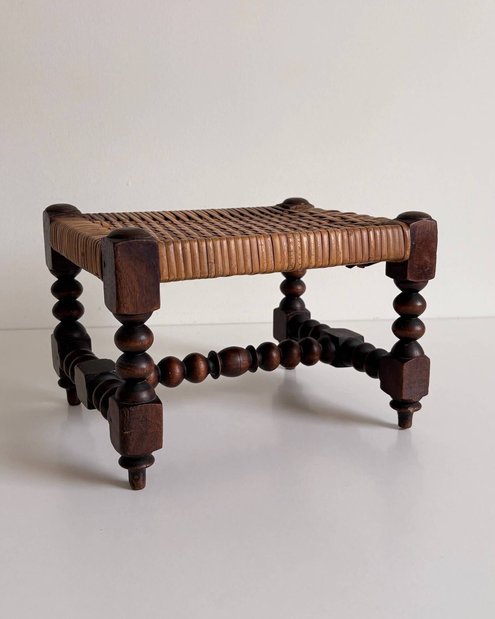 Antique French Turned Wood and Woven Rattan Footstool/ Sidetable