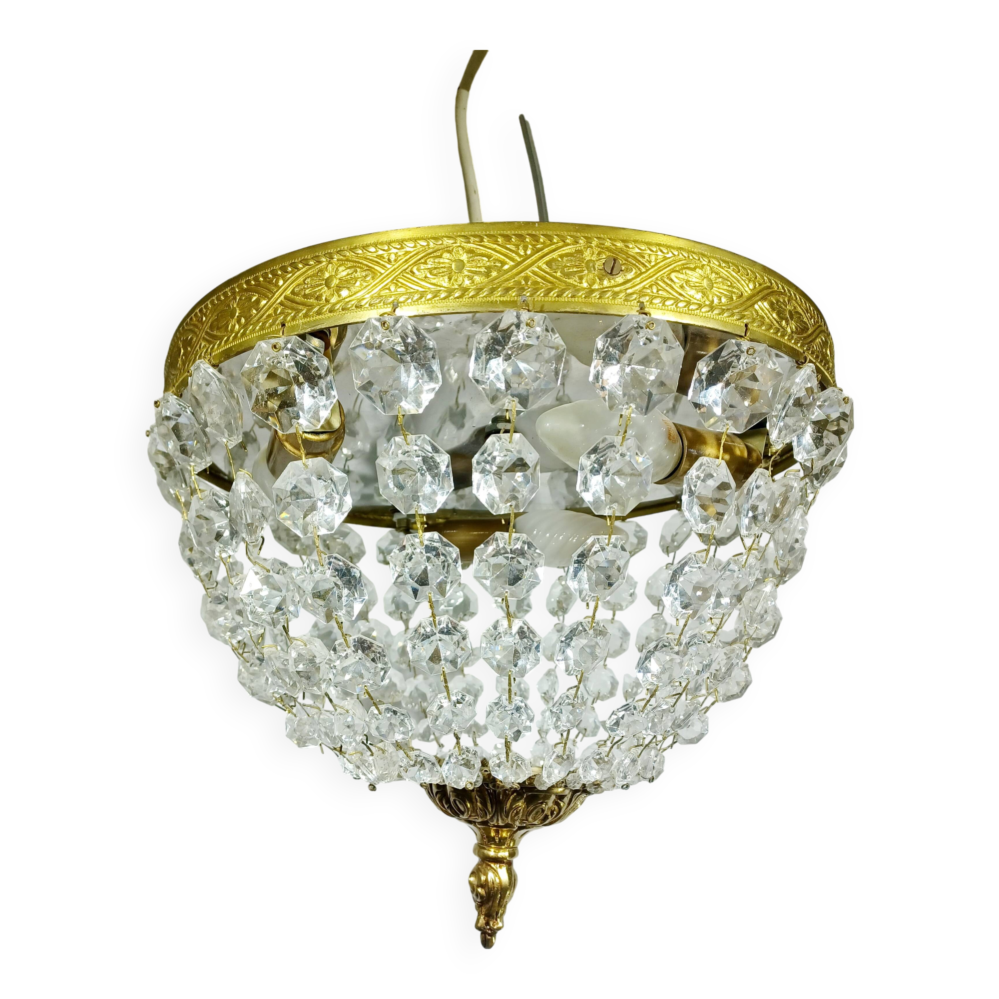 Plafonnier 3 lumières bronze et cristal