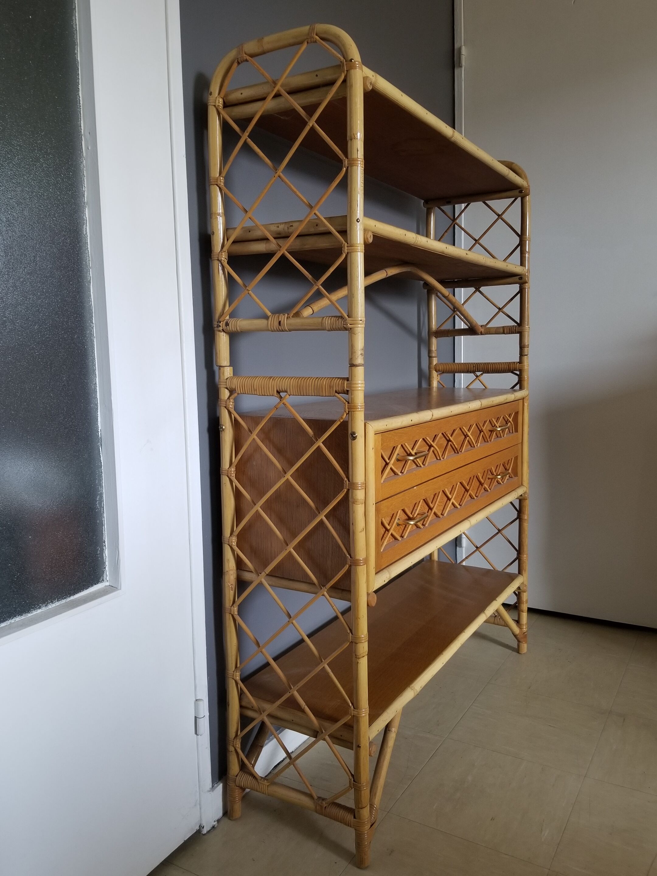 Louis Sognot vintage bamboo and rattan library - 1960s