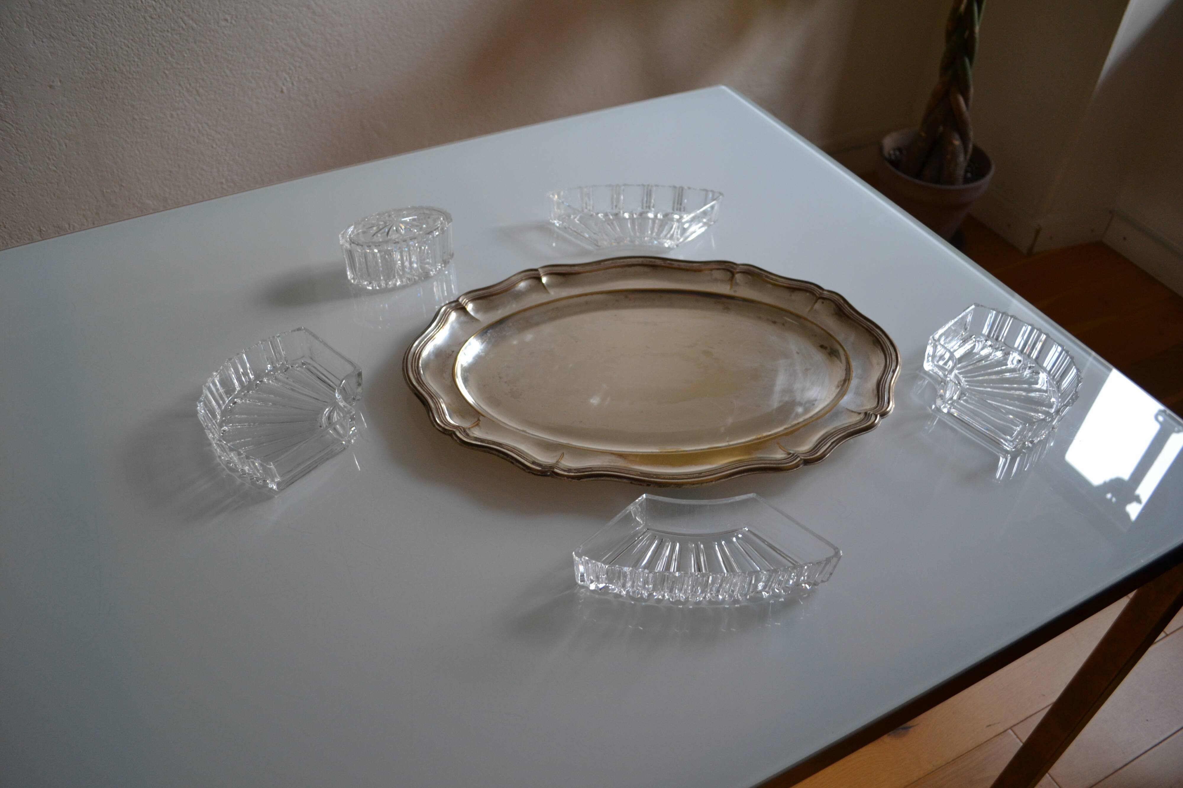 Silver-plated metal aperitif serving tray with HKE hallmark and glass.