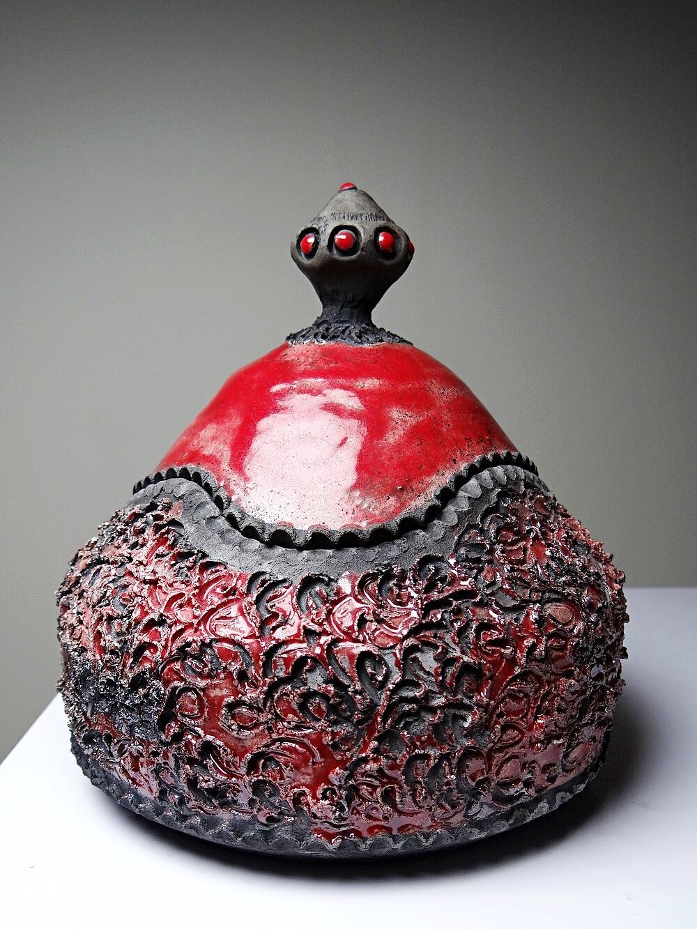 Vintage 2000s red and grey handmade raku jewellery box