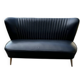 Mid-century black vinyl cocktail canapé with beech legs, 1950s two-seater bench.