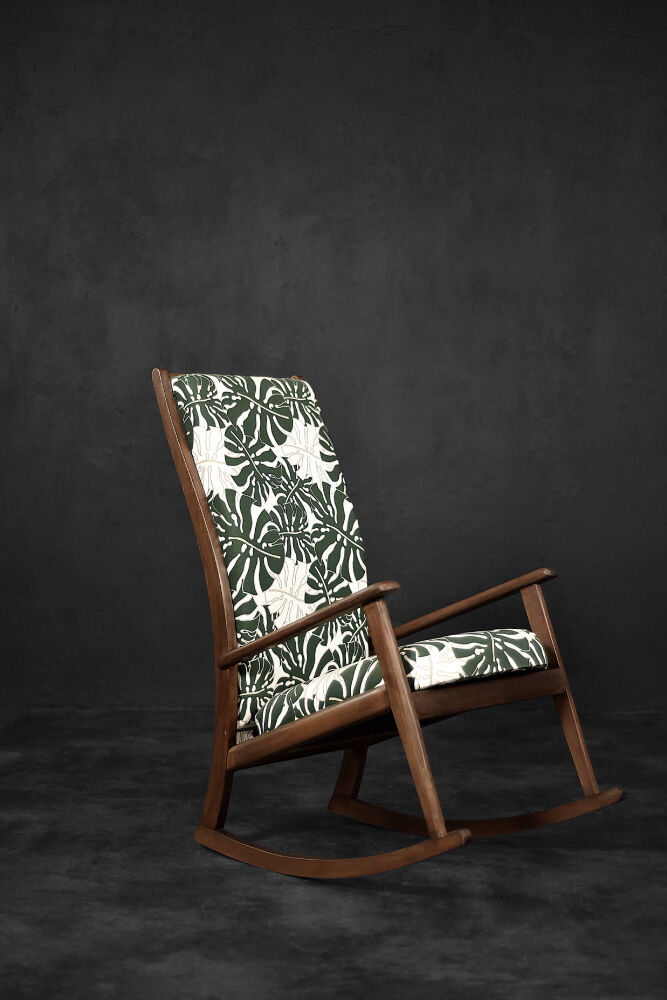 Vintage Mid-Century Danish Modern Rocking Chair in Wood and Monstera Leaf Pattern Fabric, 1960s