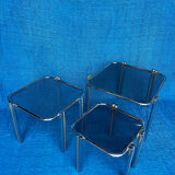 SET OF 3 NESTING TABLES WITH CHROME METAL DOUBLE BASE AND SMOKED GLASS
