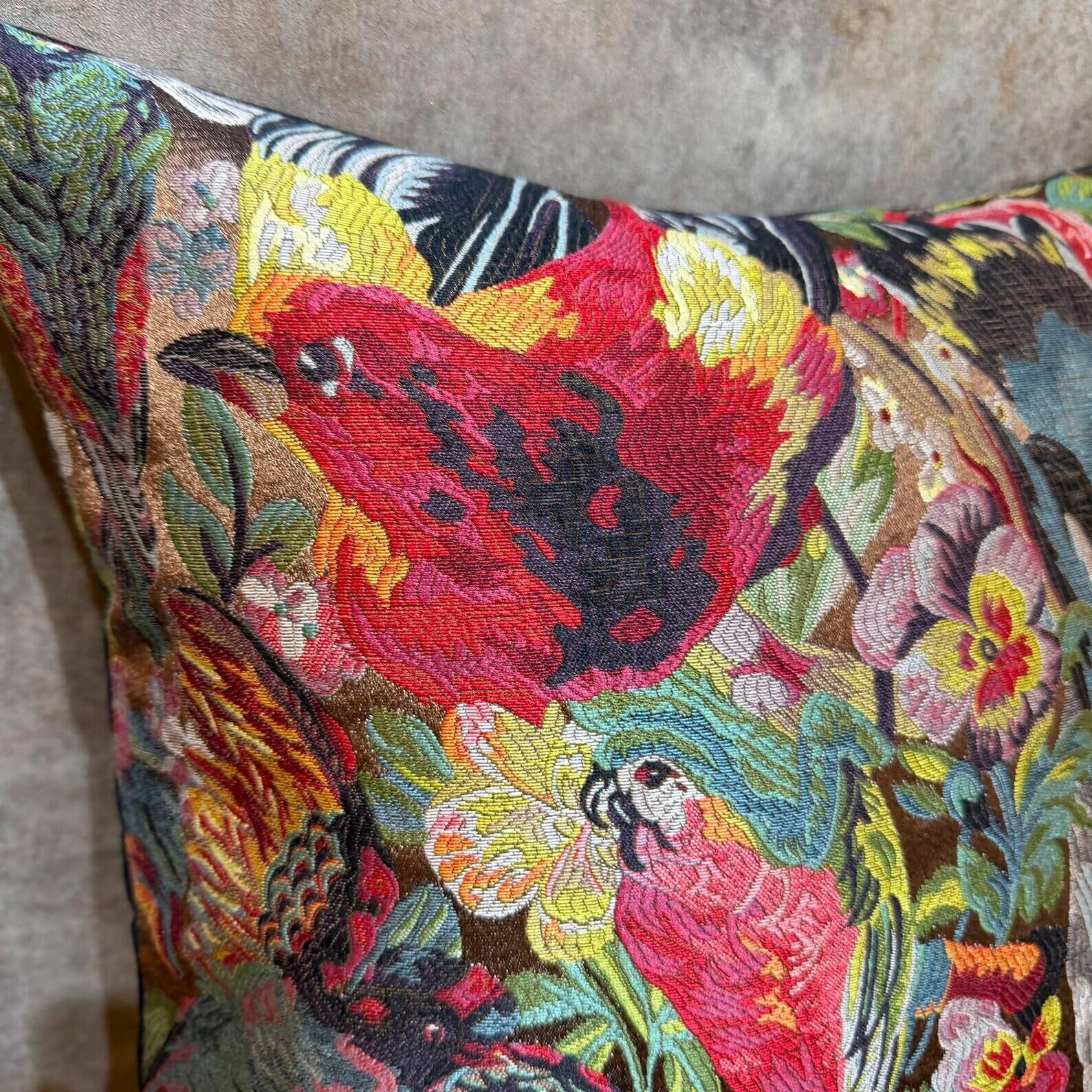 Woven Cushion, Crimson Macaw Parrot Jacquard, Dark Ground Pillow Cover