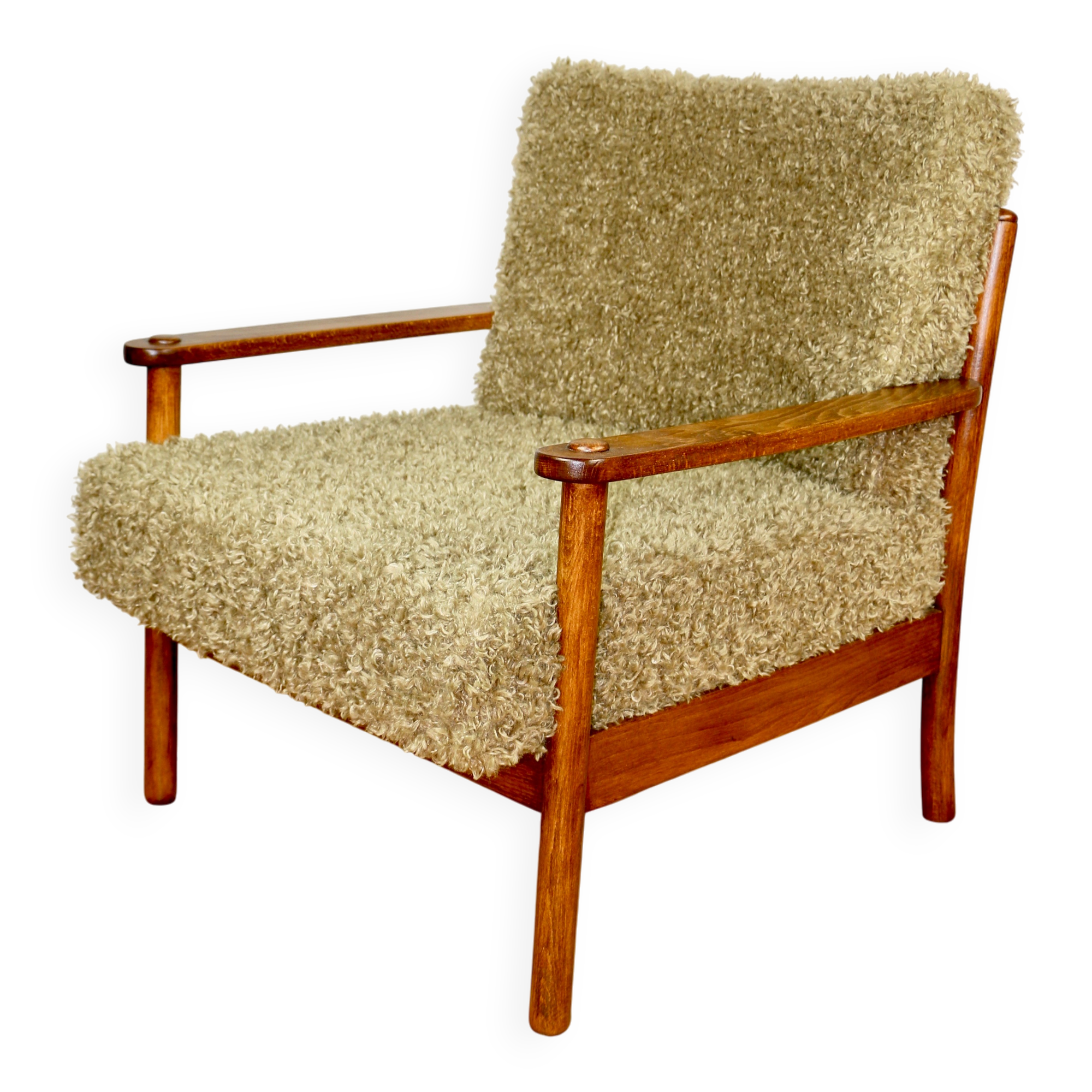 Wooden vintage brown armchair, olive green, long pile on removable cushions