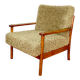 Wooden vintage brown armchair, olive green, long pile on removable cushions