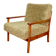 Wooden vintage brown armchair, olive green, long pile on removable cushions