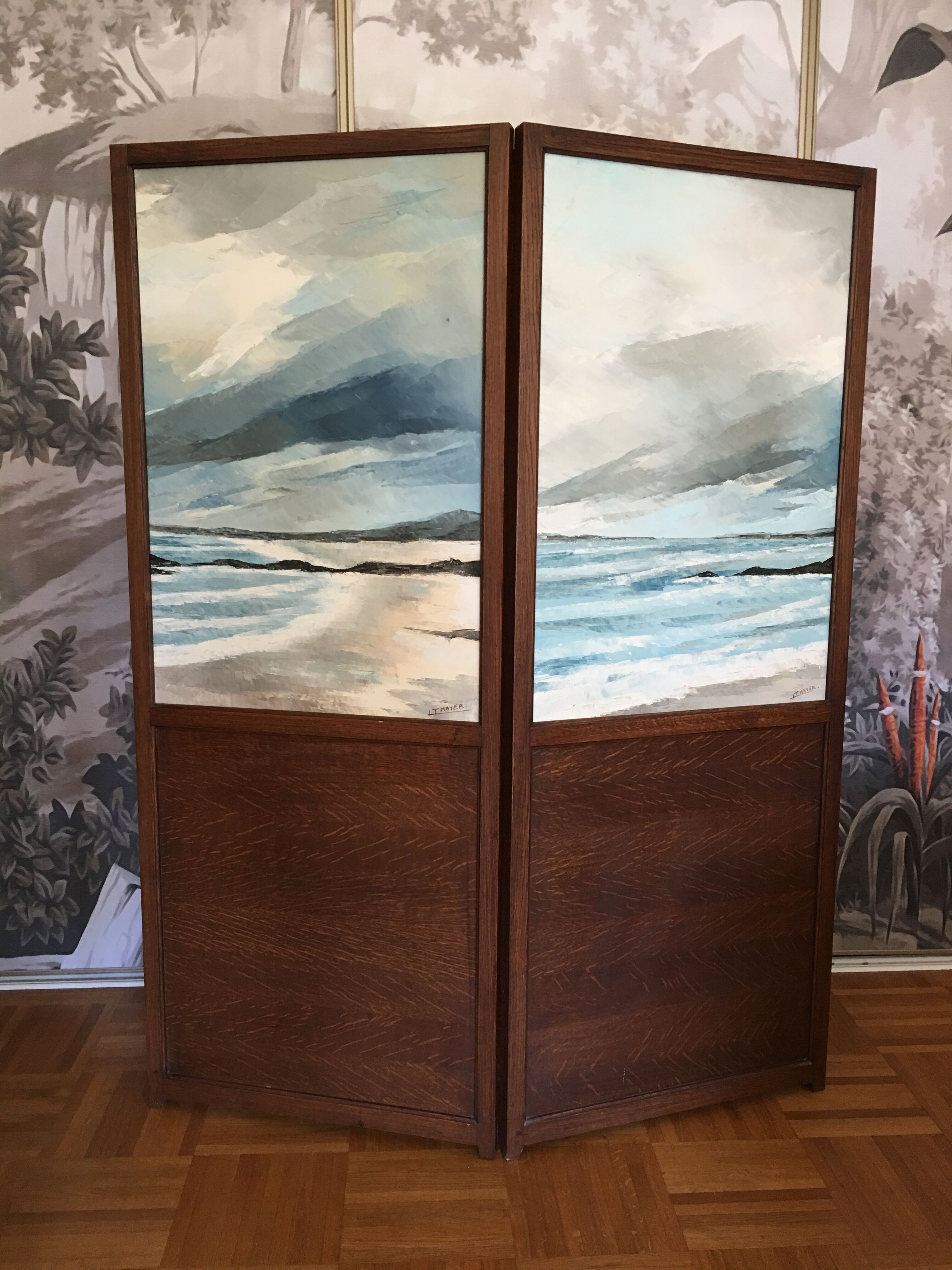 Vintage screen wood and oil painting
