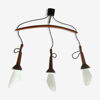 Suspension triple scandinave en teck et opaline années 60