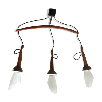 Triple scandinavian hanging lamp in teak and opaline 1960