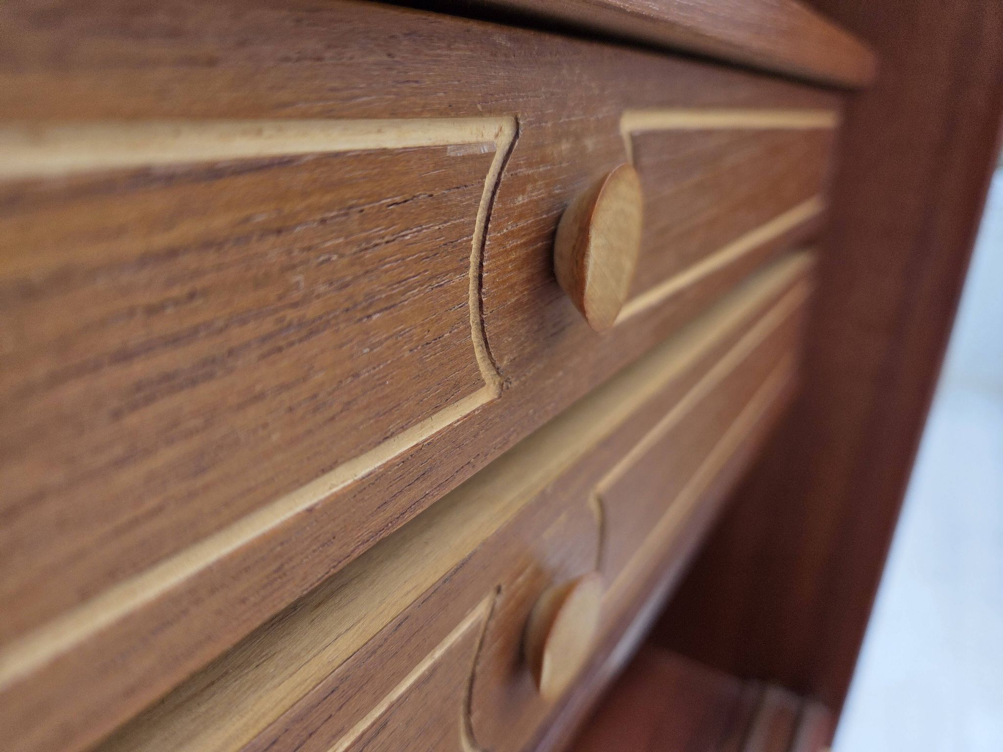1960s, Danish chest of drawers, teak wood, mirror inside, sliding doors.