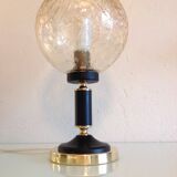 Structured amber glass globe lamp on black and brass base by Solken Leuchten/ 60s-70s